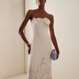 Elegant white strapless maxi dress with 3D floral embroidery for formal evening gala