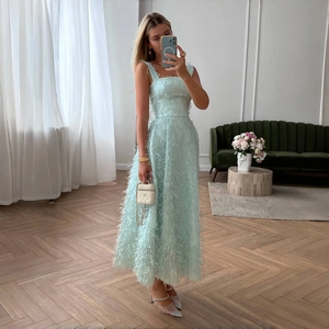 Elegant Women Backless Maxi Dress Square Neck Sleeveless Feather Fringe Party Dress High Waist A-Line Formal Banquet Gown