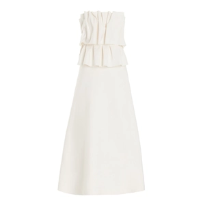 Elegant cream pleated strapless maxi dress with tiered ruffle bodice and A-line skirt
