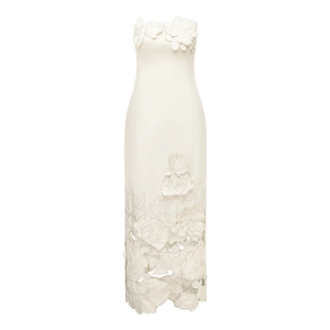 Elegant ivory strapless bodycon dress with 3D floral appliques and hollow embroidery