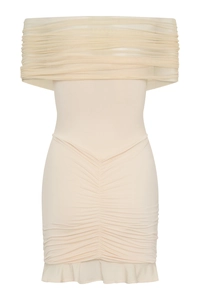 Detailed view of beige ruched off-shoulder dress with elegant mesh neckline and ruffles