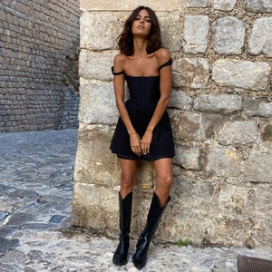 Robe Mini Corset Sexy pour Femmes Col Carré Sans Manches Taille Haute Ligne A Jupe Évasée Plissée Mode Été Robe à Bretelles