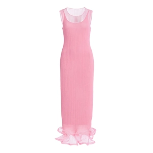 Rosa ärmelloses Faltenkleid mit Rüschensaum und transparenten Netzeinsätzen