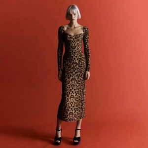 Vestido Ajustado Sexy con Estampado de Leopardo Manga Larga Mujer Escote Corazón Vestido Midi Corte Slim Moda Fiesta Clubwear