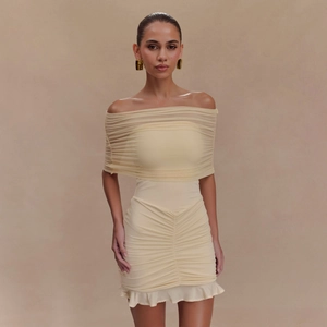 Women Off Shoulder Ruched Mini Dress Elegant Mesh Ruffle Hem Bodycon Dress Solid Color Ivory White Sexy Party Clubwear