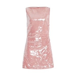 Élégante mini-robe rose sans manches à paillettes avec col rond et finition scintillante