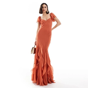 Women sexy V-Neck Chiffon Mermaid Maxi Dress Flutter Sleeve Elegant Rust Orange Ruffle Wedding Banquet Party Evening Dress