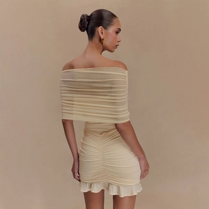 Elegant beige off-shoulder bodycon dress with ruched mesh detail and ruffled hemline