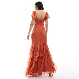 Elegant rust orange V-neck evening dress with ruffle layers and an open back design