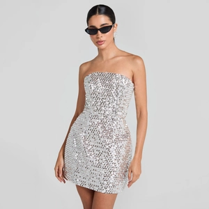 Women Sexy Silver Sequin Strapless Mini Dress Sleeveless Bodycon Party Night Out Cocktail Club Short Dress
