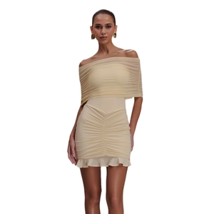 Slim fit off-shoulder ruched mini dress in champagne with ruffled hemline for women