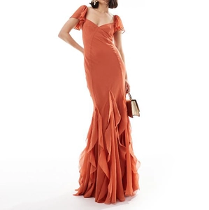 Elegant burnt orange mermaid maxi dress with ruffled sleeves and sweetheart neckline