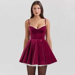 Elegant burgundy velvet A-line dress with thin straps and white lace trim detail