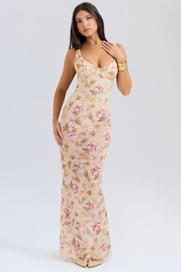 Detailed full-length view of the floral print bodycon maxi dress with camisole straps