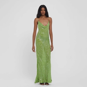 Elegantes smaragdgrünes Pailletten-Abendkleid mit Spaghettiträgern und Wasserfallausschnitt