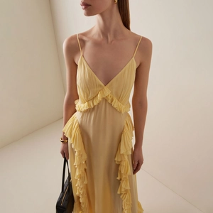Robe Maxi à Bretelles Jaune pour Femme Style Vacances Françaises Sexy Col en V Sans Manches en Polyester pour Fête