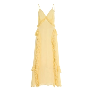 Robe longue élégante en mousseline jaune avec volants et fines bretelles spaghetti