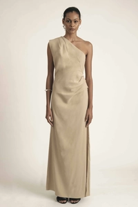Detailed view of the elegant one shoulder satin evening maxi dress with waist pleats