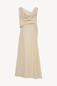 Detailed view of the elegant draped neckline on this sleeveless beige maxi dress