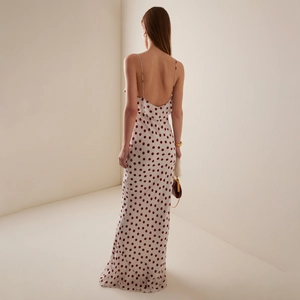 Women's summer white polka dot maxi dress with backless design and ruffle details
