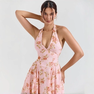 Robe Midi Sexy pour Femmes Dos Nu Col en V Imprimé Floral Rose Vacances d'Été Plage Fête Ligne A Maille Coupe Slim Robe de Soleil