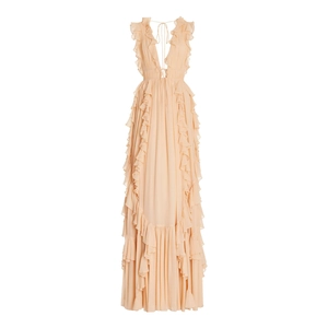 Elegant peach deep V-neck backless maxi dress with ruffled layers and pleated chiffon