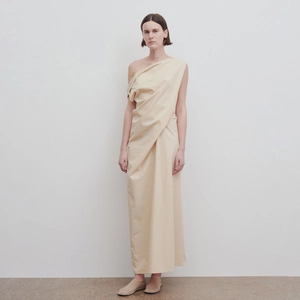 Women Elegant Cowl Neck Sleeveless Maxi Dress Asymmetrical Draped Apricot Evening Gown Minimalist Cotton Linen Blend Dress