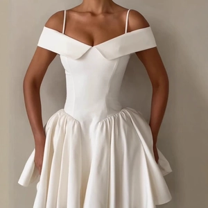 Elegant white off-shoulder mini dress with spaghetti straps and pleated high waist skirt