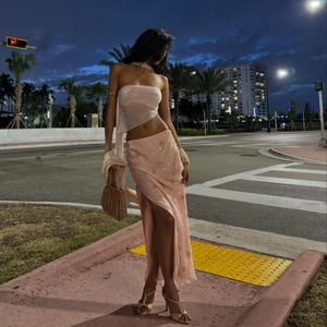 Women Sexy Vacation Outfits Sequin Embroidery Tube Top And High Slit Long Skirt Bohemian Summer Beach Party Clothes