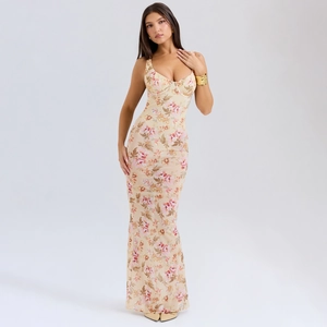 Slim fit floral mesh maxi dress for women featuring a sexy low cut sleeveless silhouette