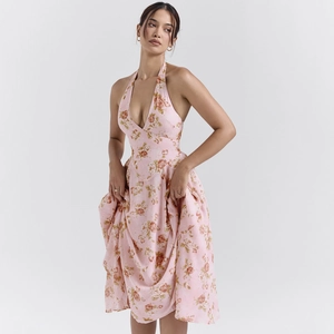 Robe longue fleurie dos nu avec col en V et imprimé roses vintage pour les vacances