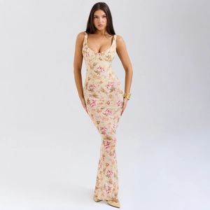 Slim fit floral fishtail dress with sweetheart neckline and vintage rose print