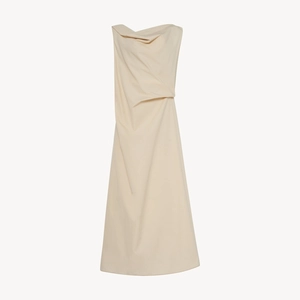 Minimalist beige sleeveless dress featuring a cowl neck and elegant asymmetric draping