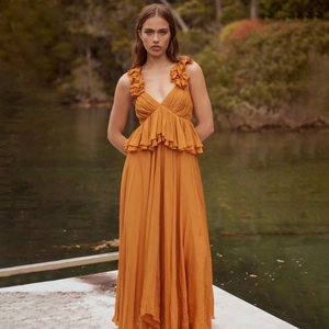 Women French Vintage Deep V Neck Ruffle Maxi Dress Summer Vacation Ginger Yellow Chiffon Pleated Sleeveless Elegant Party Dress