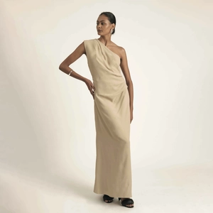 Women's Elegant One Shoulder Ruched Maxi Dress Sexy Asymmetrical Sleeveless Solid Color Party Evening Long Dress