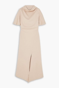 Close-up of the elegant cowl neck and ruffled sleeve details on this beige summer dress