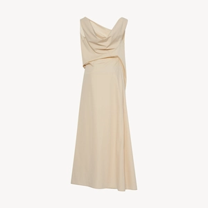 Elegant beige sleeveless maxi dress with a sophisticated cowl neck and draped layers