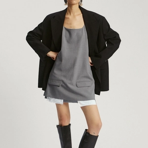 Minimalist grey A-line mini dress with square neck and white contrast hem detail