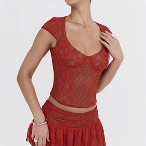 Women's Sexy French Lace Polka Dot Corset Top Polyester Fishbone Patchwork Bustier Top For Party Club Red Slim Fit Top