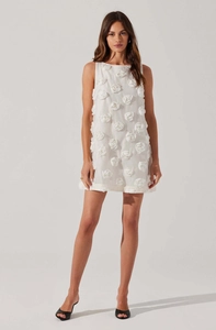 Close-up of white sleeveless mini dress featuring 3D rose floral appliques on tulle fabric