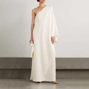 Elegant One Shoulder Satin Maxi Dress Asymmetrical Drape Cape Bell Sleeve Evening Party Gown Women Wedding Formal Occasion Dress