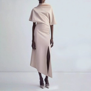 French Elegant Cowl Neck Midi Dress Women Asymmetric Hem Side Slit Short Sleeve Slimming Solid Apricot Casual Summer Dress