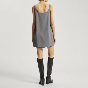 Minimalist grey sleeveless A-line mini dress with frayed hem and square neck for women