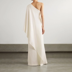 Elegant white one-shoulder satin evening gown with asymmetrical shawl and floor-length hem