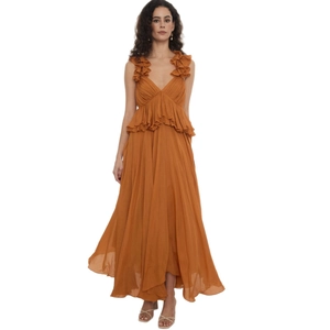 Caramel orange V-neck maxi dress with layered ruffles and a flowy bohemian silhouette