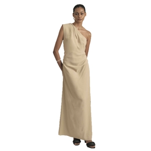 Elegant beige one-shoulder maxi dress with pleated waist and asymmetric neckline drape