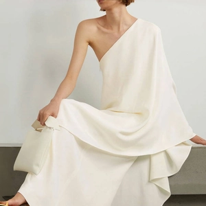 Elegant white one-shoulder satin maxi dress with cape sleeve for formal evening parties