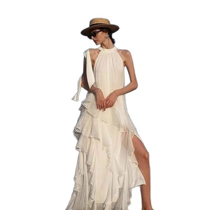 White boho tiered ruffle halter neck beach dress with high side slit for summer