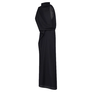 Nordic style black asymmetric sleeveless maxi dress with elegant twisted shoulder detail