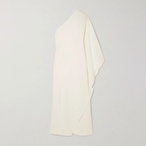 Elegant white one-shoulder satin dress with asymmetrical draped sleeve and minimalist fit